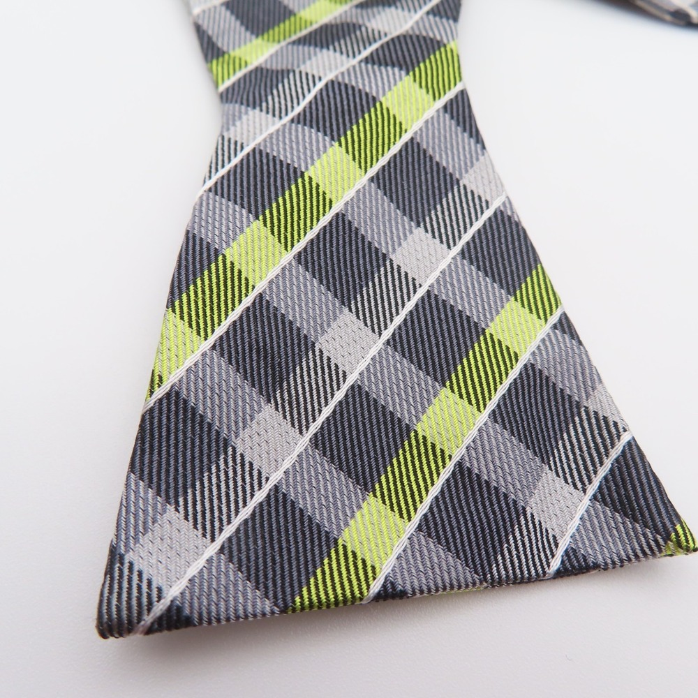 DKNY Bow Tie Silk Yellow gray Checked 2" Wide Self Tie - Picture 2 of 4
